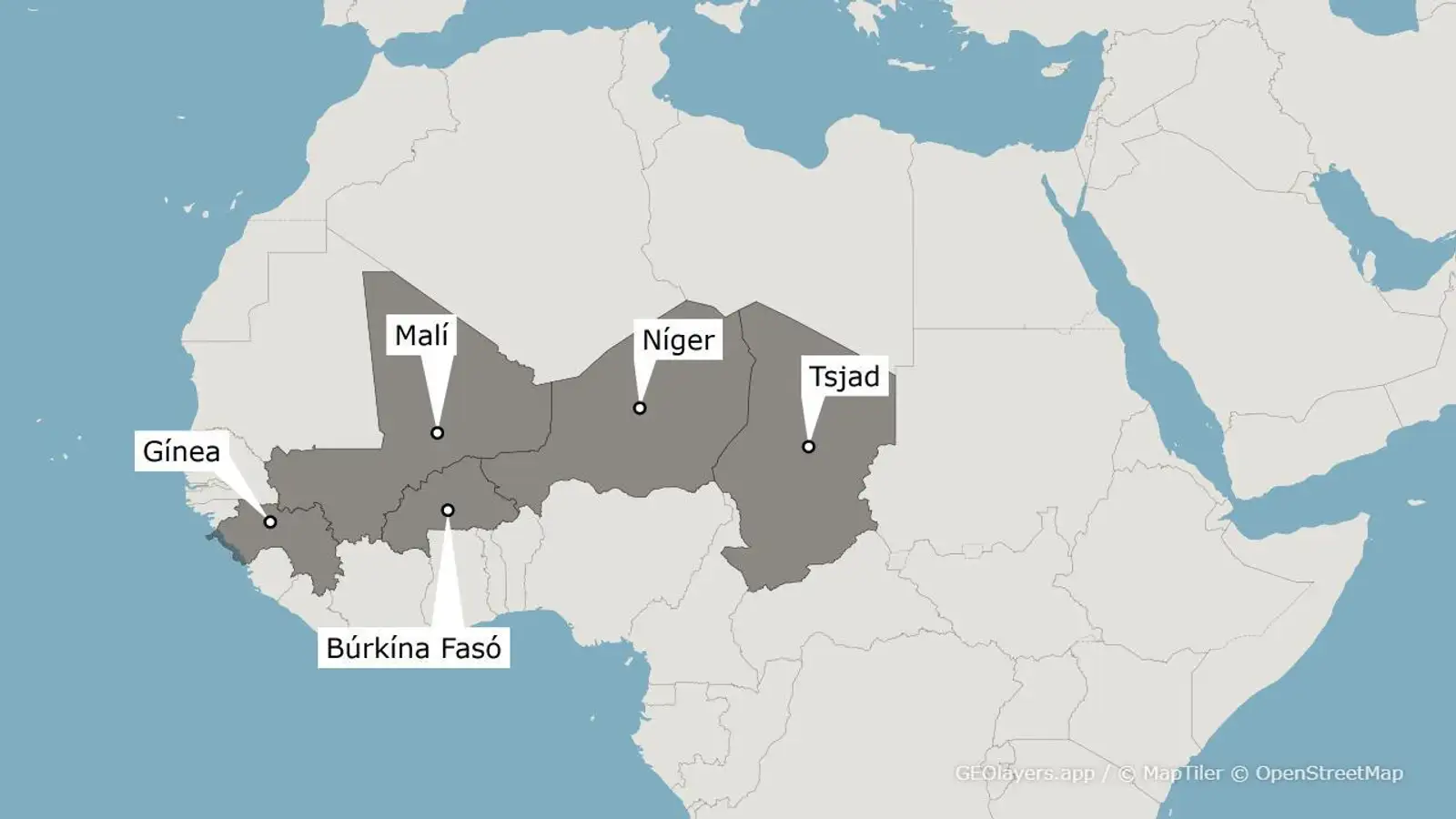 Kort af Afríku sem sýnir Gíneu, Malí, Búrkína Fasó, Níger og Tsjad.