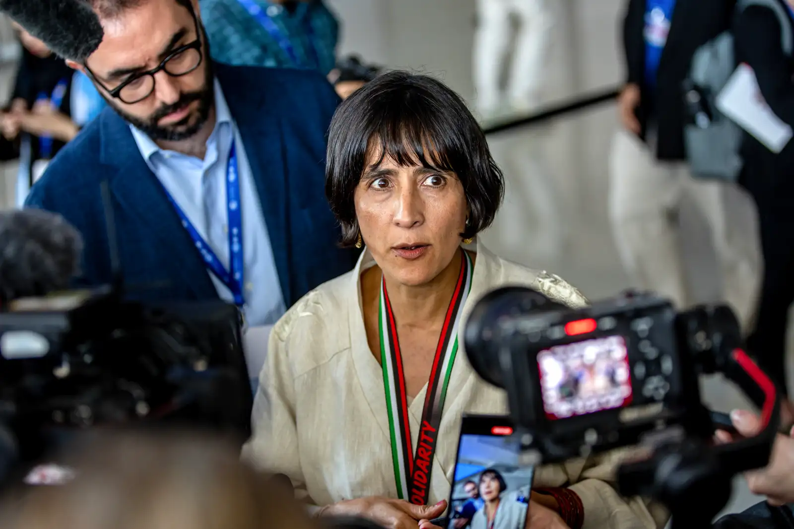 epa11026211 Colombia's Minister of Environment and Sustainable Development Susana Muhamad speaks to journalists following the 2023 United Nations Climate Change Conference (COP28), in Dubai, United Arab Emirates, 13 December 2023. The COP28 talks for a climate agreement ended on 13 December with a landmark deal to 'transit away' from fossil fuels.  EPA/MARTIN DIVISEK