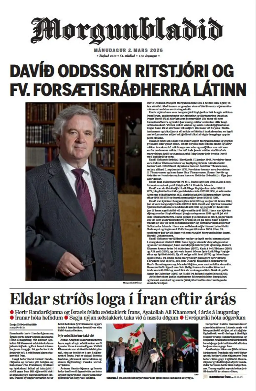 Forsíða Morgunblaðsins með frétt af andláti Davíðs Oddssonar.