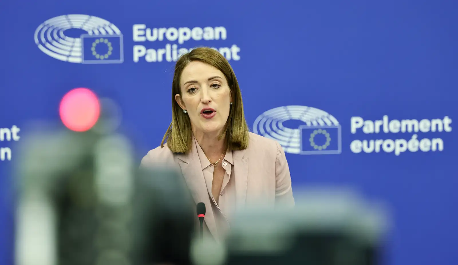 epa12918902 European Parliament President Roberta Metsola speaks during a press conference on the Parliament's position for the EU long-term budget 2028-2034 at the European Parliament in Strasbourg, France, 28 April 2026. The current plenary session runs from 27 to 30 April 2026.  EPA/RONALD WITTEK