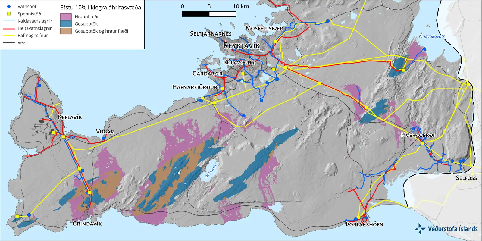 Efstu 10% líklegra áhrifasvæða eldgoss.