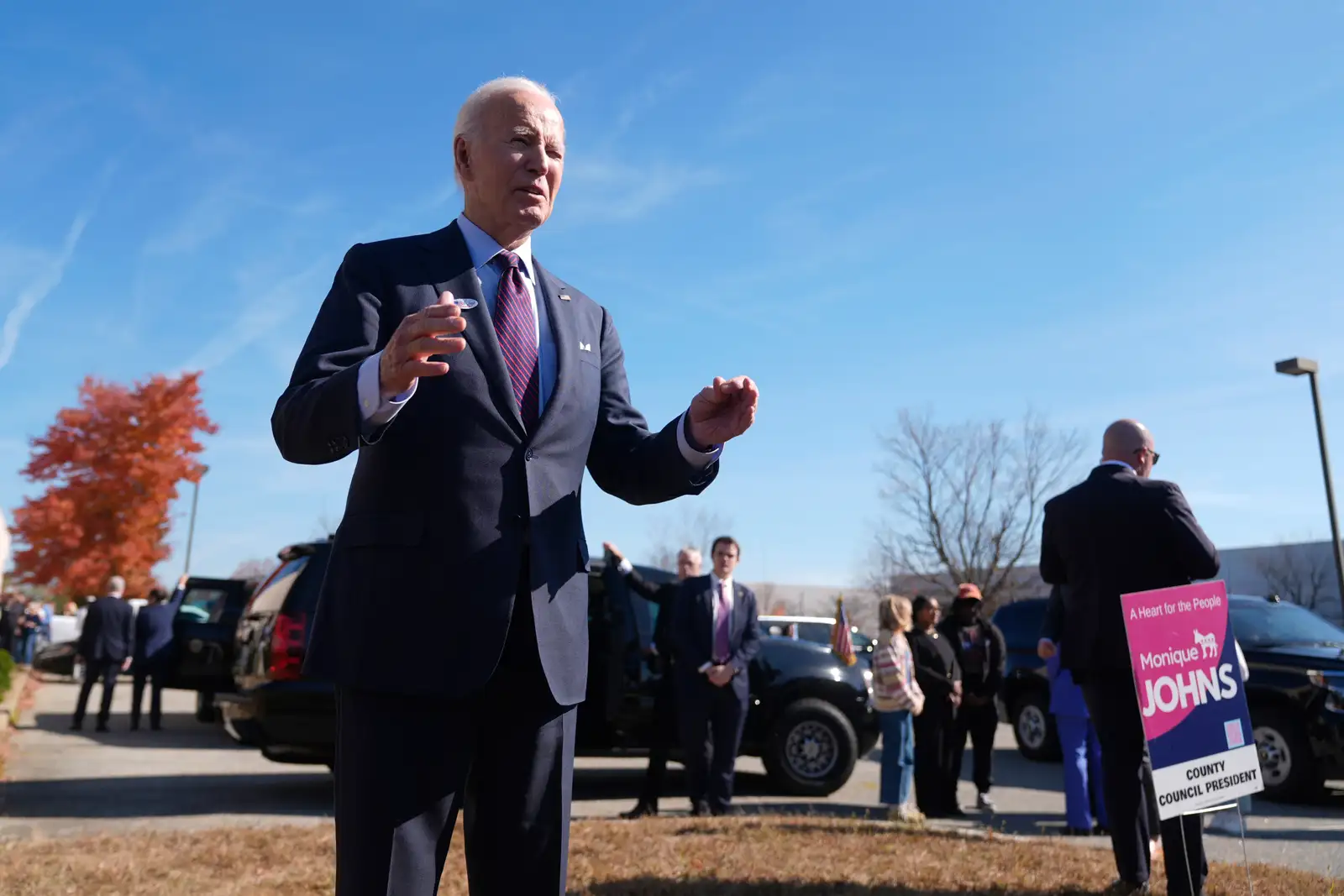 President Joe Biden speaks with reporters after casting his early-voting ballot for the 2024 general elections, Monday, Oct. 28, 2024, at a polling station in New Castle, Del. (AP Photo/Manuel Balce Ceneta)