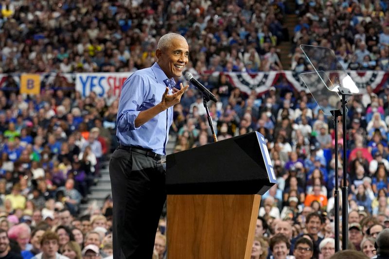 Former President Barack Obama speaks during a campaign rally supporting Democratic presidential nominee Vice President Kamala Harris, Thursday, Oct. 10, 2024, at the University of Pittsburgh's Fitzgerald Field House in Pittsburgh. (AP Photo/Matt Freed)