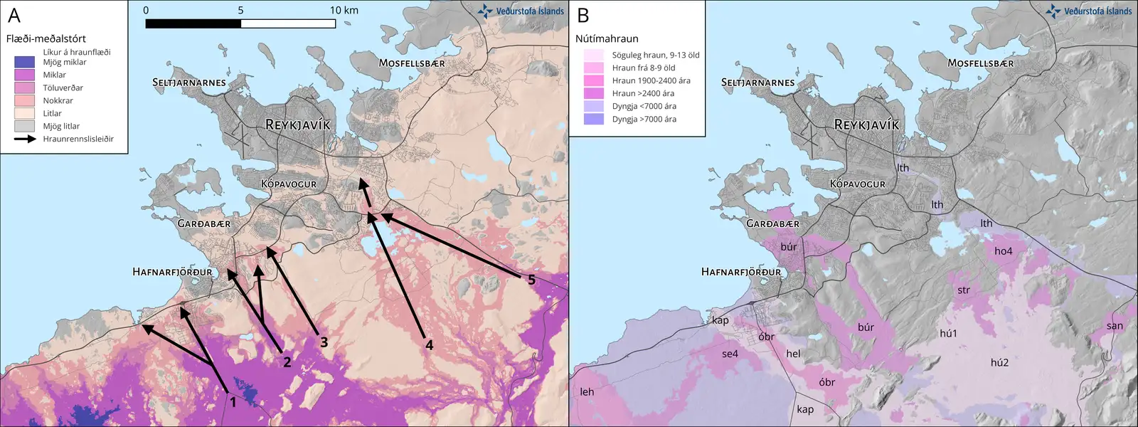 Hraunrennslisleiðir frá höfuðborgarsvæðinu skv. hættumati Veðurstofunnar.