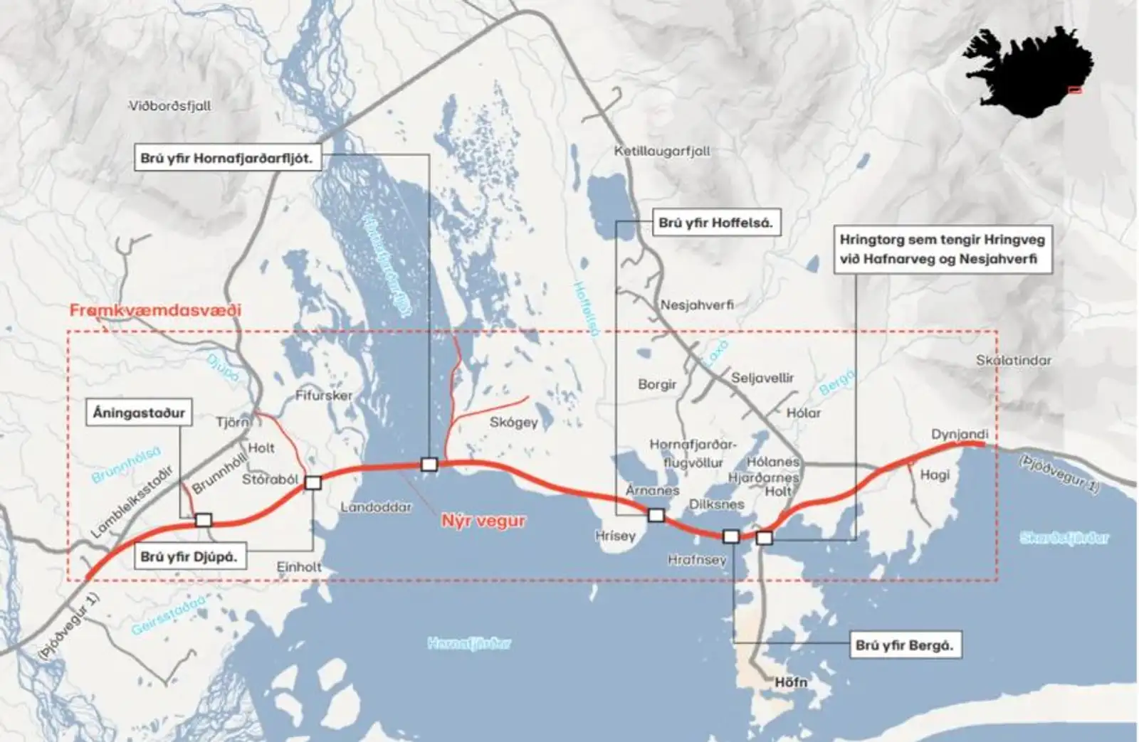 Kort af vef Vegagerðarinnar sem sýnir framvæmdirnar við Hornafjörð, sem hófust haustið 2022 og lýkur fyrir áramót 2025. Hringvegurinn styttist um 12 kílómetra auk þess sem tvöfaldar brýr taka við af einföldum á vegarkaflanum, sem er um 19 kílómetra langur.