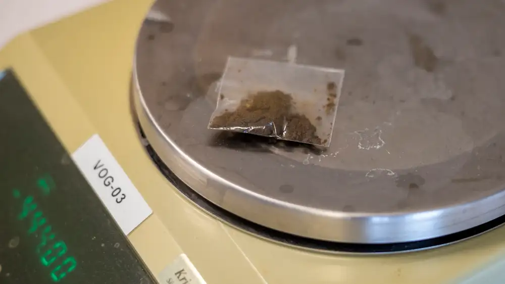 Adam Erik Bauer réttarefnafræðingur á rannsóknarstofu HÍ við Hofsvallagötu að efnagreina karlmennskuhunang og hamp.