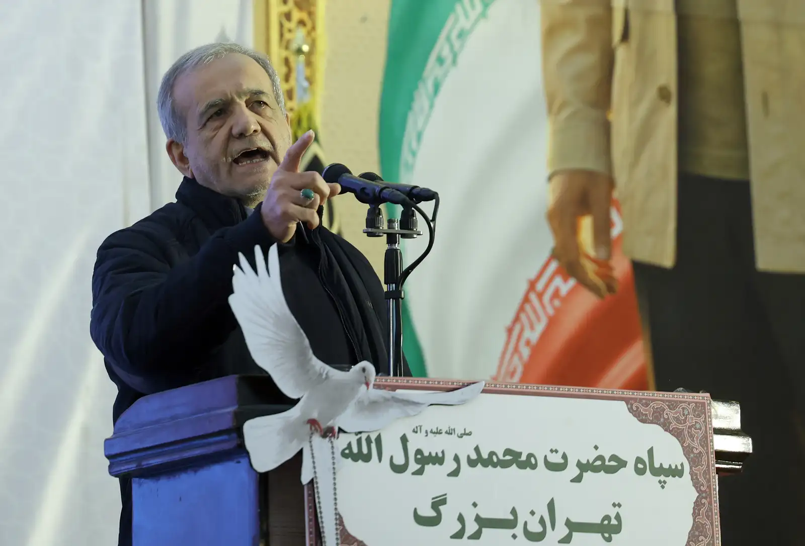 epa12620987 Iranian president Masoud Pezeshkian speaks during the sixth anniversary of late Iran's Islamic Revolutionary Guard Corps (IRGC) Quds Force commander Qasem Soleimani death, in Tehran, Iran, 01 January 2026. Soleimani was killed on 03 January 2020 in a targeted US airstrike at Baghdad airport in Iraq.  EPA/ABEDIN TAHERKENAREH