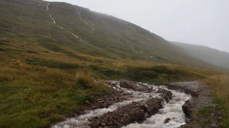 Die Straße um Kaldalón im nördlichen Teil von Ísafjarðardjúpi brach am 24. August 2024 am Hang auf der Seite von Lónseyr zusammen. Hier können Sie sehen, wie Wasser kaskadenartig den Hang hinunter stürzt und eine Lücke in die Straße schneidet.