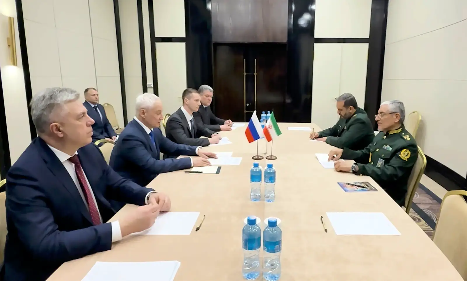 epa12917854 A handout photo made available by the Russian Foreign Ministry press service shows Russian Defense Minister Andrei Belousov (3-L) speaking with Iranian Deputy Defense Minister for Strategic Planning, Brigadier General Talaei-Nik Reza (R), during their meeting in Bishkek, Kyrgyzstan, 27 April 2026.  EPA/RUSSIAN FOREIGN MINISTRY PRESS SERVICE / HANDOUT  HANDOUT EDITORIAL USE ONLY/NO SALES