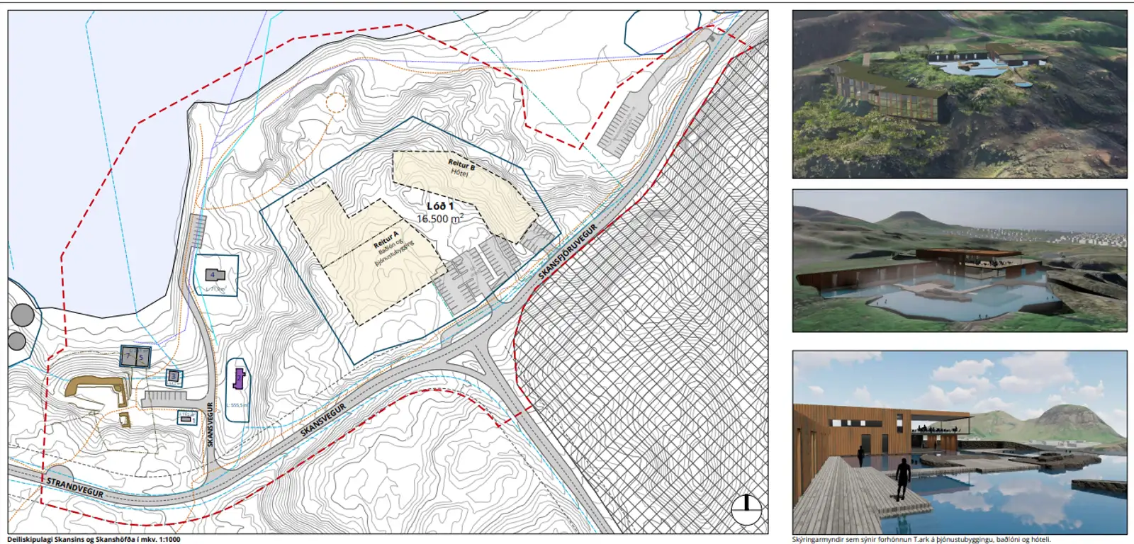 Die lokale Planung von Skansin und Skanshöfði und Bilder, die zeigen, wie die Badelagune und das Hotel aussehen werden.