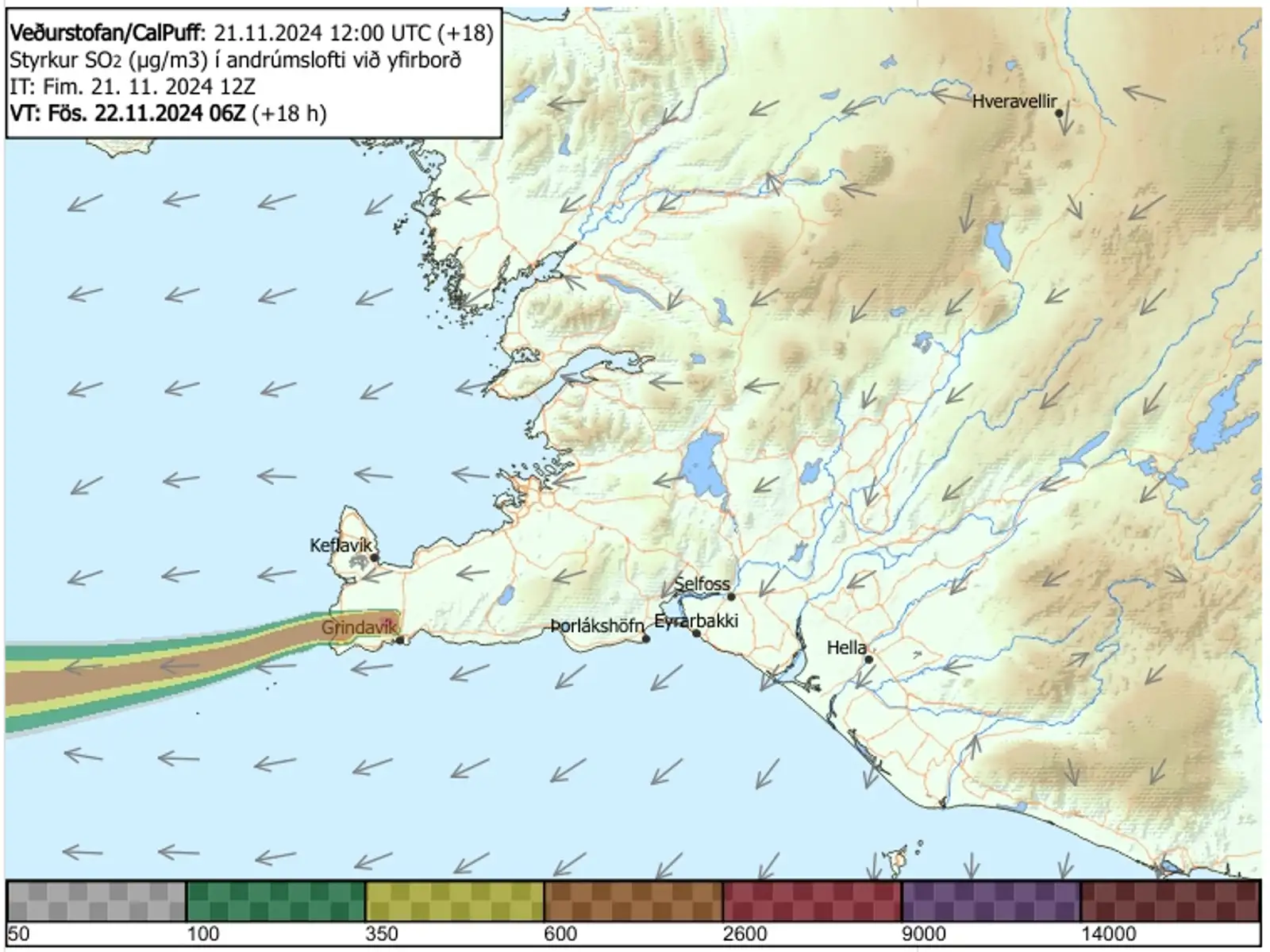 Karte des isländischen Meteorologischen Amtes mit der Prognose der Gasverschmutzung für den Morgen des 22. November 2024. Sie zeigt, wie die Gasverschmutzung voraussichtlich den Südwesten über Grindavík und bis ins Meer erreichen wird.