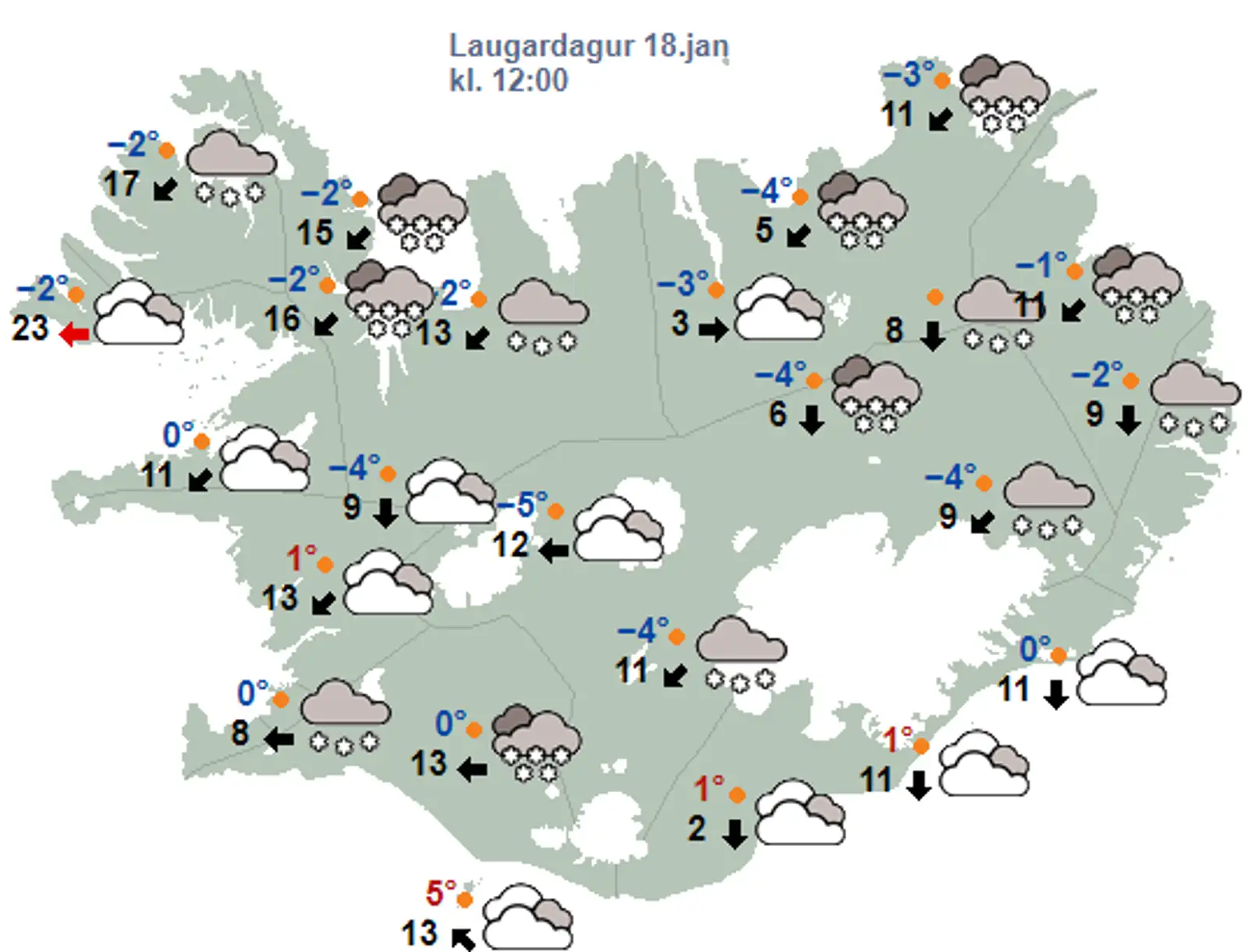 Veðurspá klukkan 12 á hádegi 18. janúar 2025.