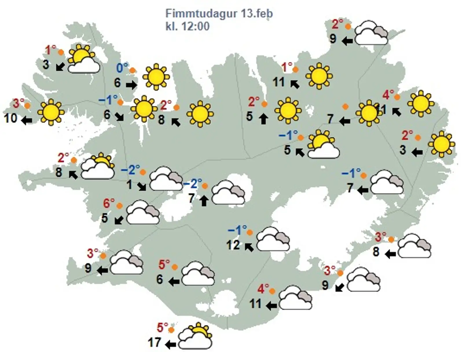 Veðurspá á hádegi 13. febrúar 2025