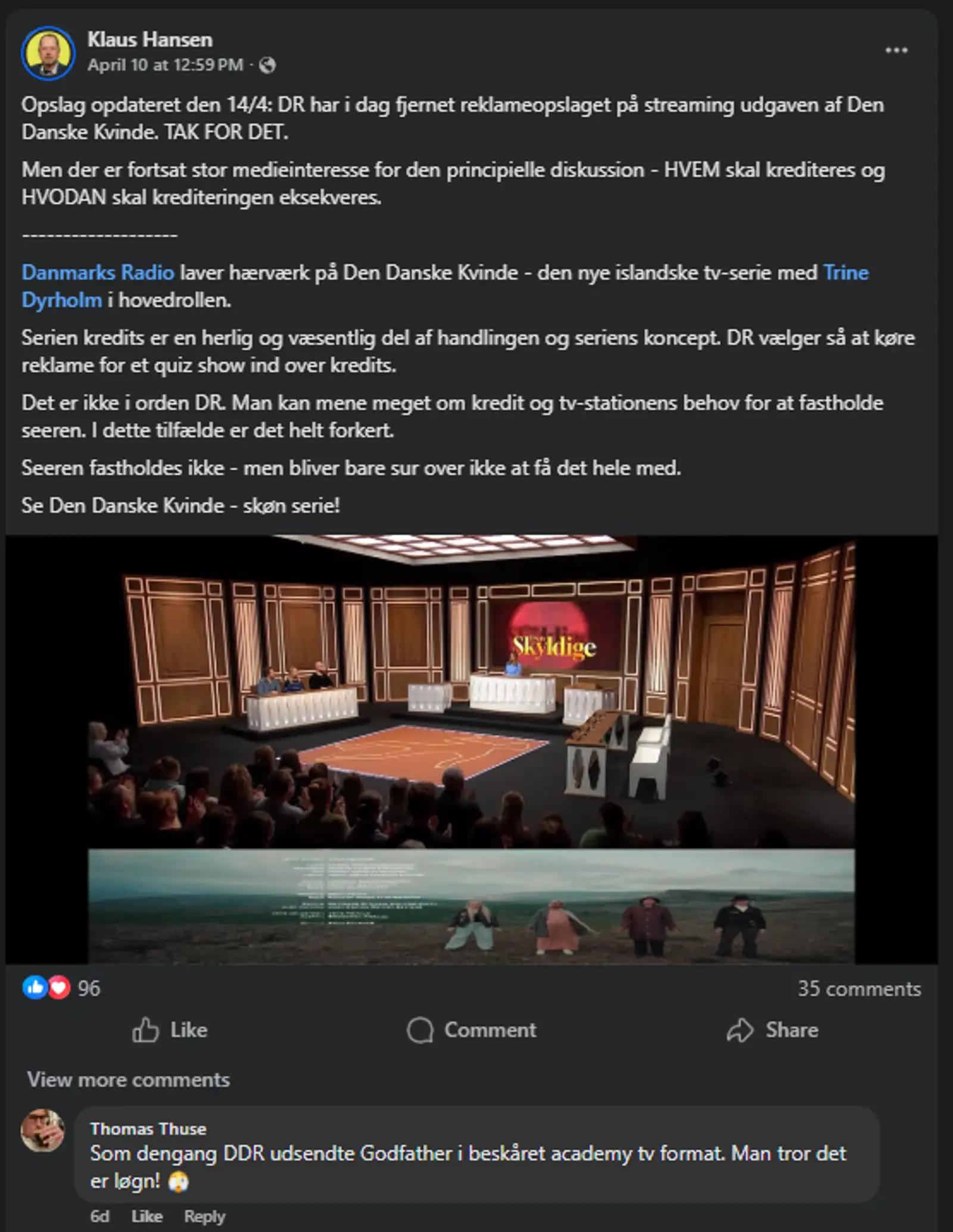 Skjámynd af færslu Klaus Hansens um Dönsku konuna á Facebook 10. apríl 2026.