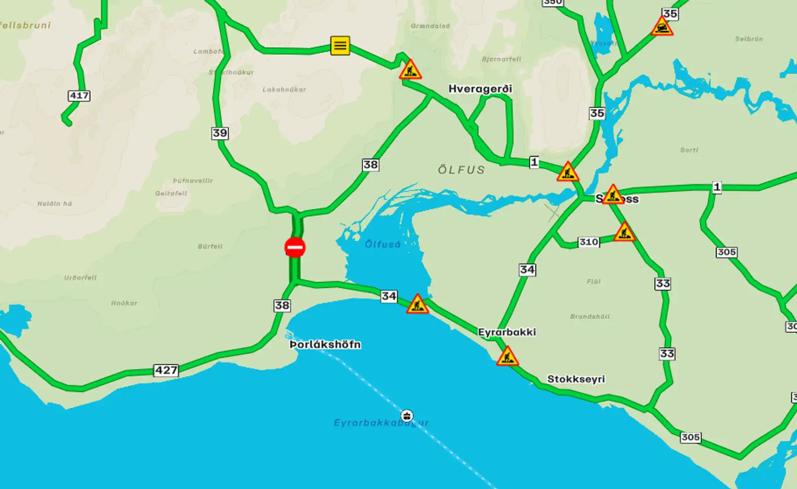 Mynd af korti Vegagerðarinnar sem sýnir lokun Þorlákshafnarvegs. Skjámynd af Umferðin.is 21. apríl 2026.