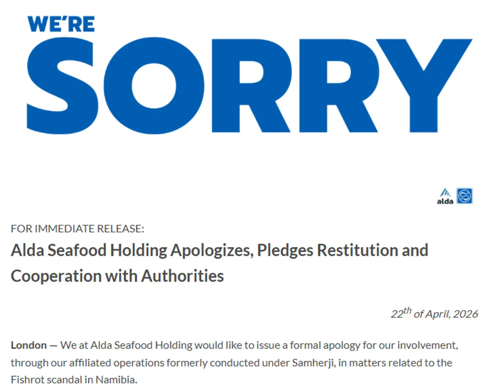 Skjáskot af vef sem listamaðurinn Odee gerði þar sem sést skálduð afsökunarbeiðni Öldu Seafood.