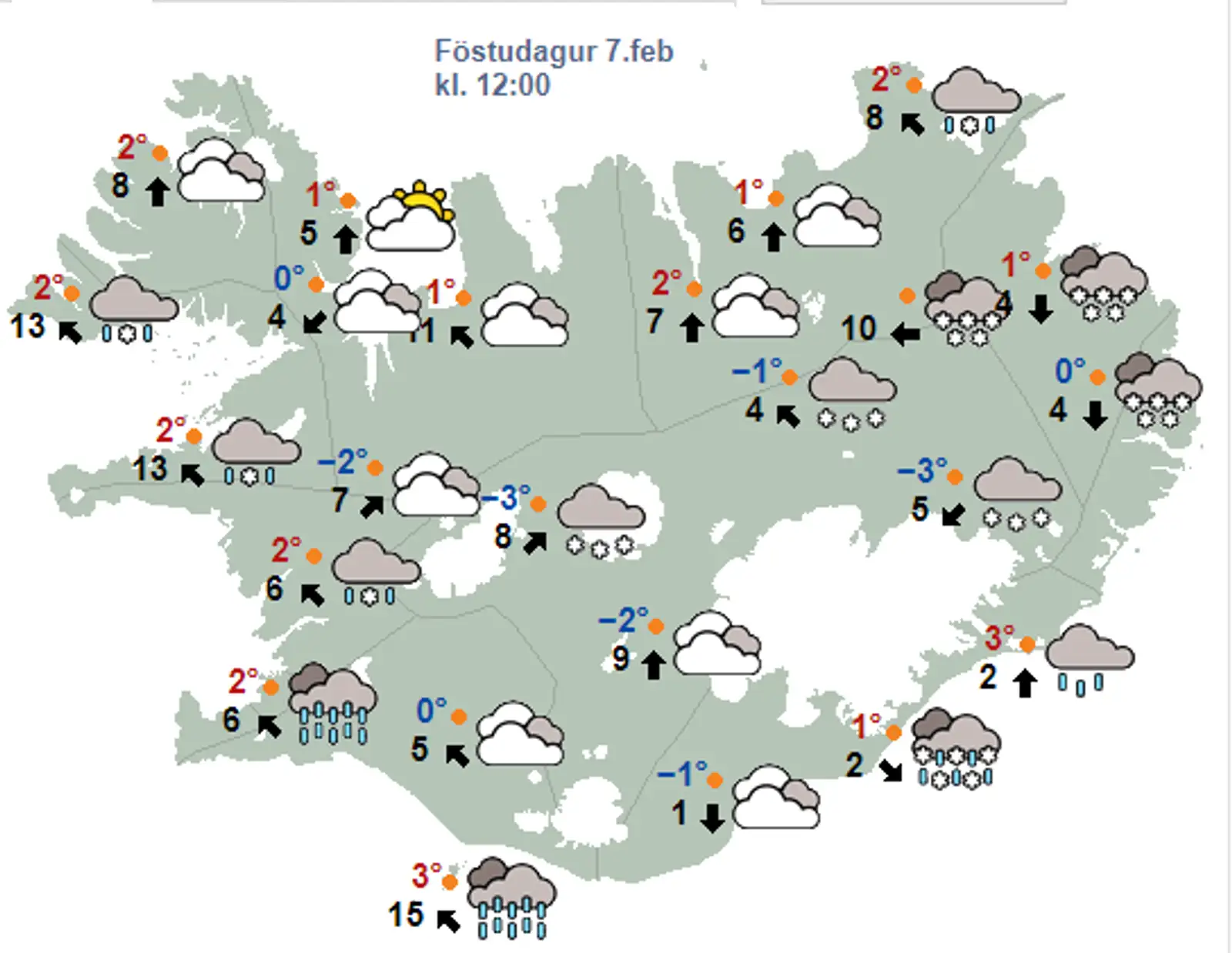 Veðurspá á hádegi í dag. Skjáskot af heimasíðu Veðurstofunnar. Þar má sjá Íslandskort og veðurspá á hádegi í dag á helstu svæðum.