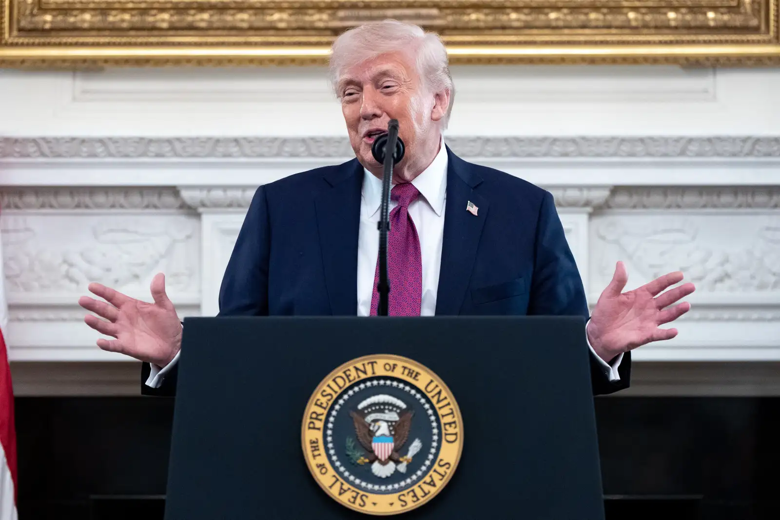 President Donald Trump speaks during an event for NCAA national champions in the State Dining Room of the White House, Tuesday, April 21, 2026, in Washington. (AP Photo/Alex Brandon)