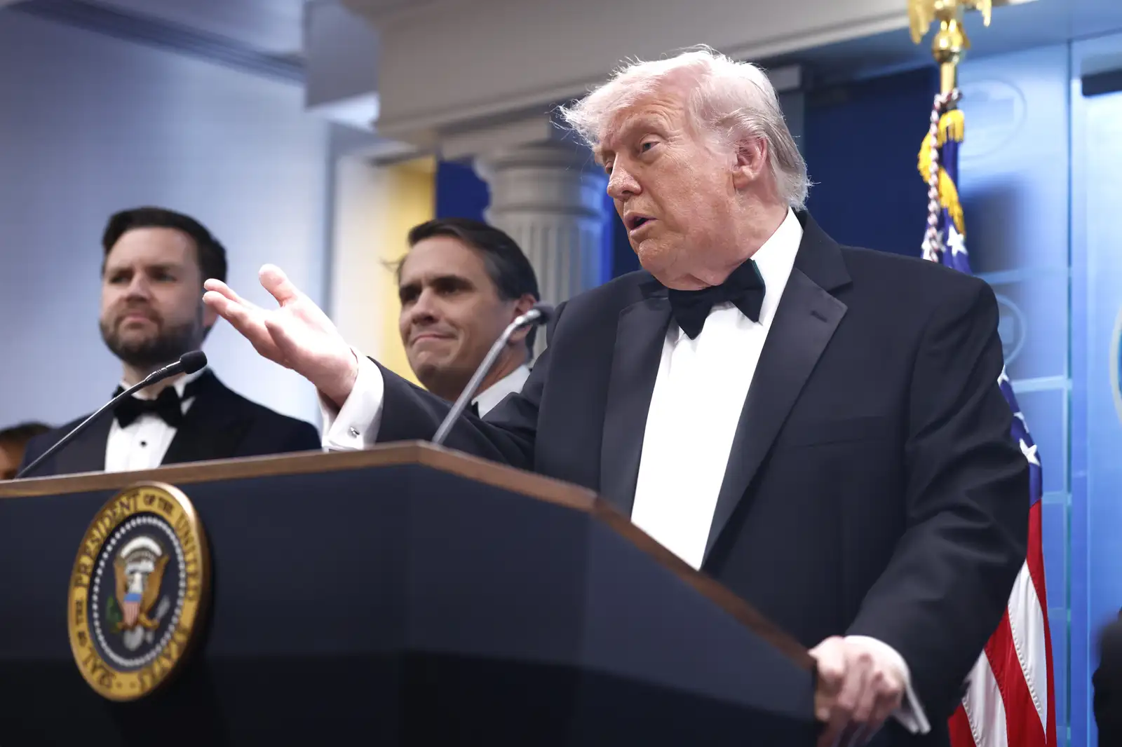 epa12914539 US President Donald Trump speaks to reporters in the White House Press Briefing Room after a shooting outside the Washington Hilton ballroom hosting the White House Correspondent’s Dinner caused the postponement of the event in Washington, DC, USA, 25 April 2026. The alleged shooter is in custody.  EPA/WILL OLIVER