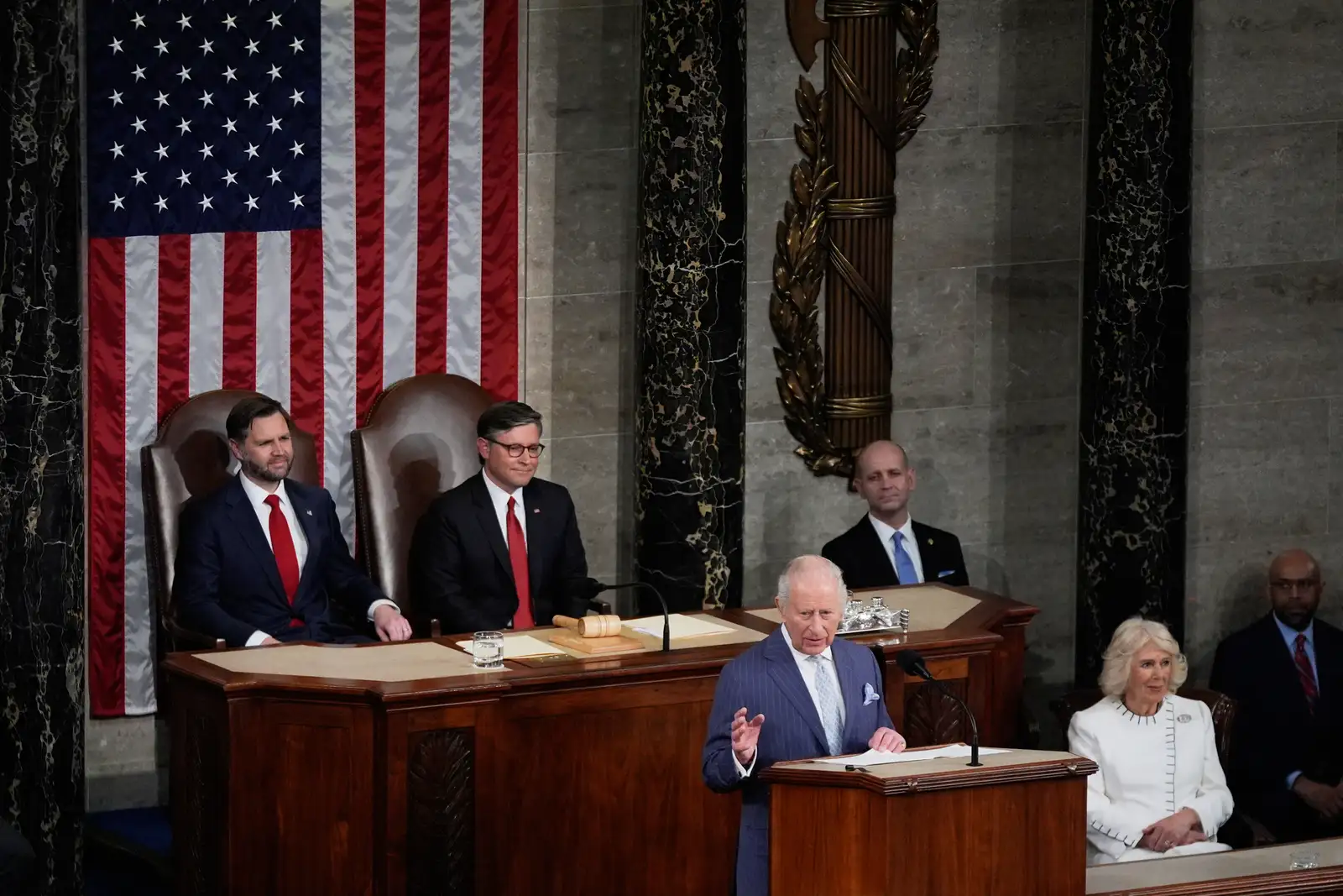 Britain's King Charles III speaks to a joint meeting of Congress in the House Chamber at the U.S. Capitol, Tuesday, April 28, 2026, in Washington. (AP Photo/Manuel Balce Ceneta)