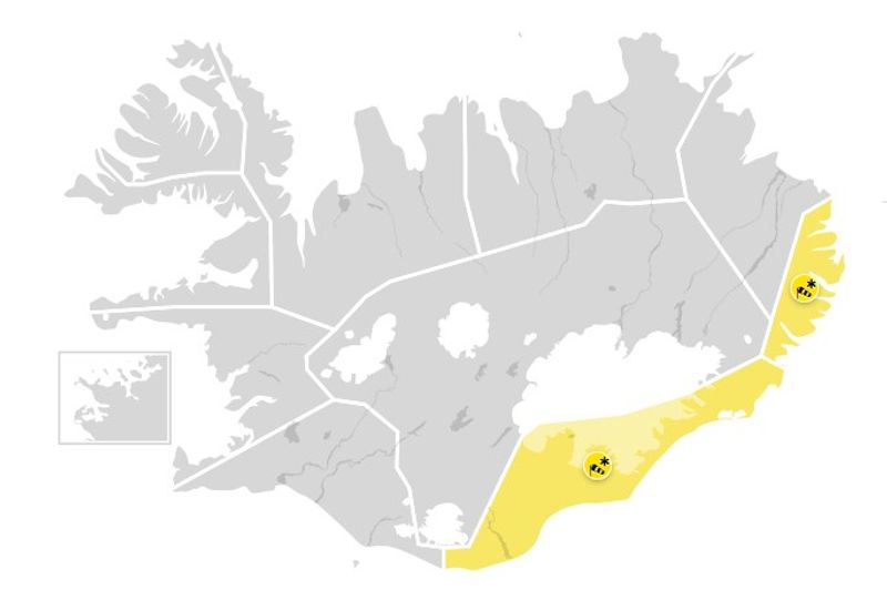 Íslandskort með merkingum fyrir gular veðurviðvaranir á Suðausturlandi og Austfjörðum.
