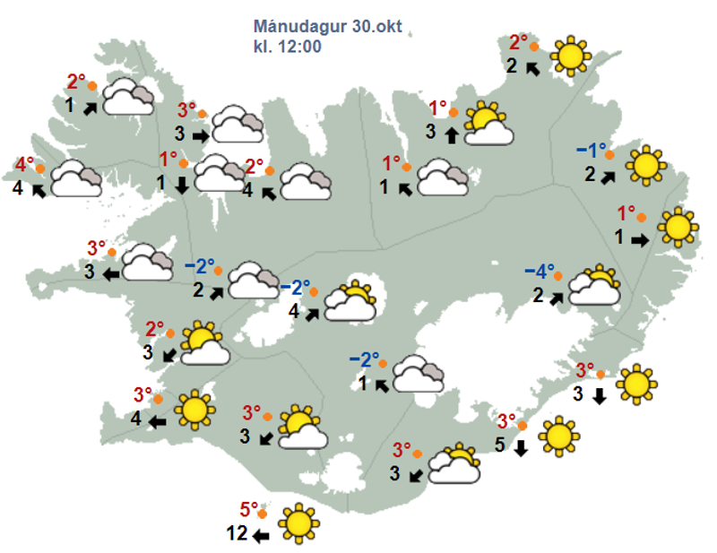 Veðurspá á hádegi 30. október 2023