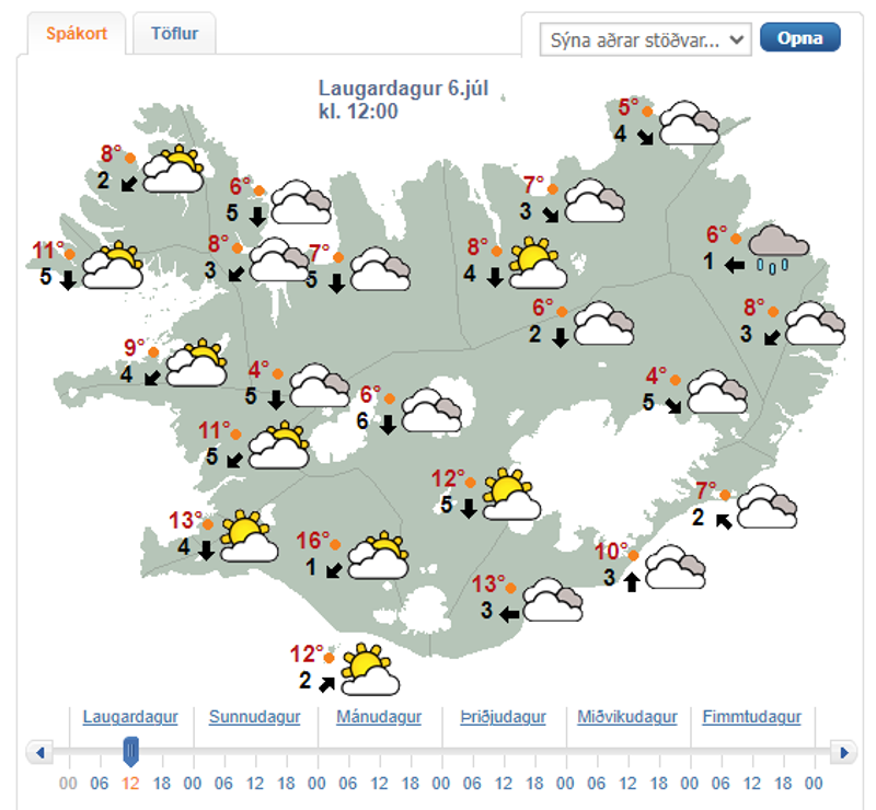 Veðurspá á hádegi á Íslandi þann 6. júlí.