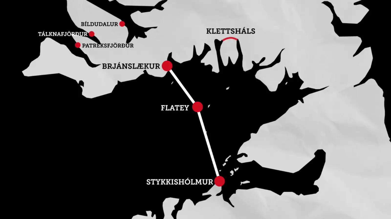 Kort sem sýnir siglingarleið Breiðafjarðarferjunnar Baldurs.