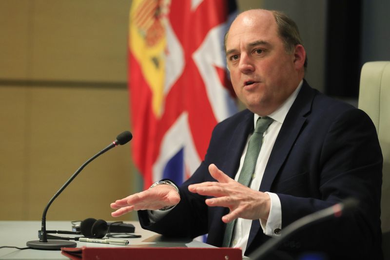 epa09974517 Secretary of State for Defence of the United Kingdom Ben Wallace attends a joint press conference with the Spanish defense minister (not pictured) following their meeting at the Ministry of Defense in Madrid, Spain, 25 May 2022.  EPA-EFE/FERNANDO ALVARADO