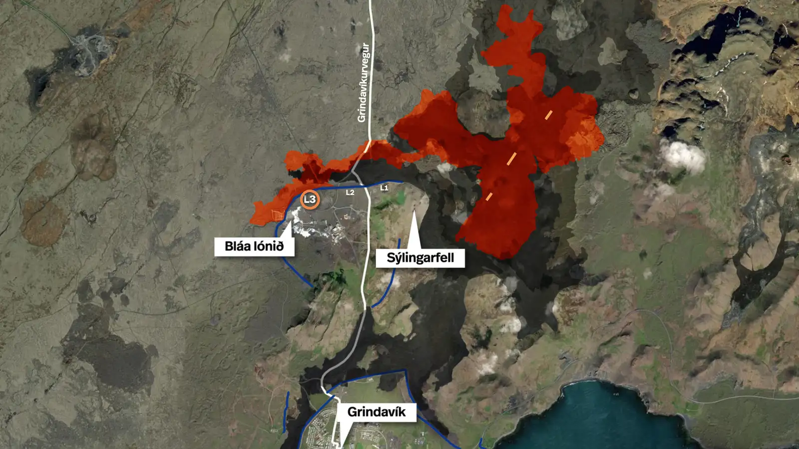 Eine Karte der metamorphen Zone auf der Reykjaness-Halbinsel mit Verteidigungsmauern bei Svartsengi und Grindavík sowie Lavaströmen.