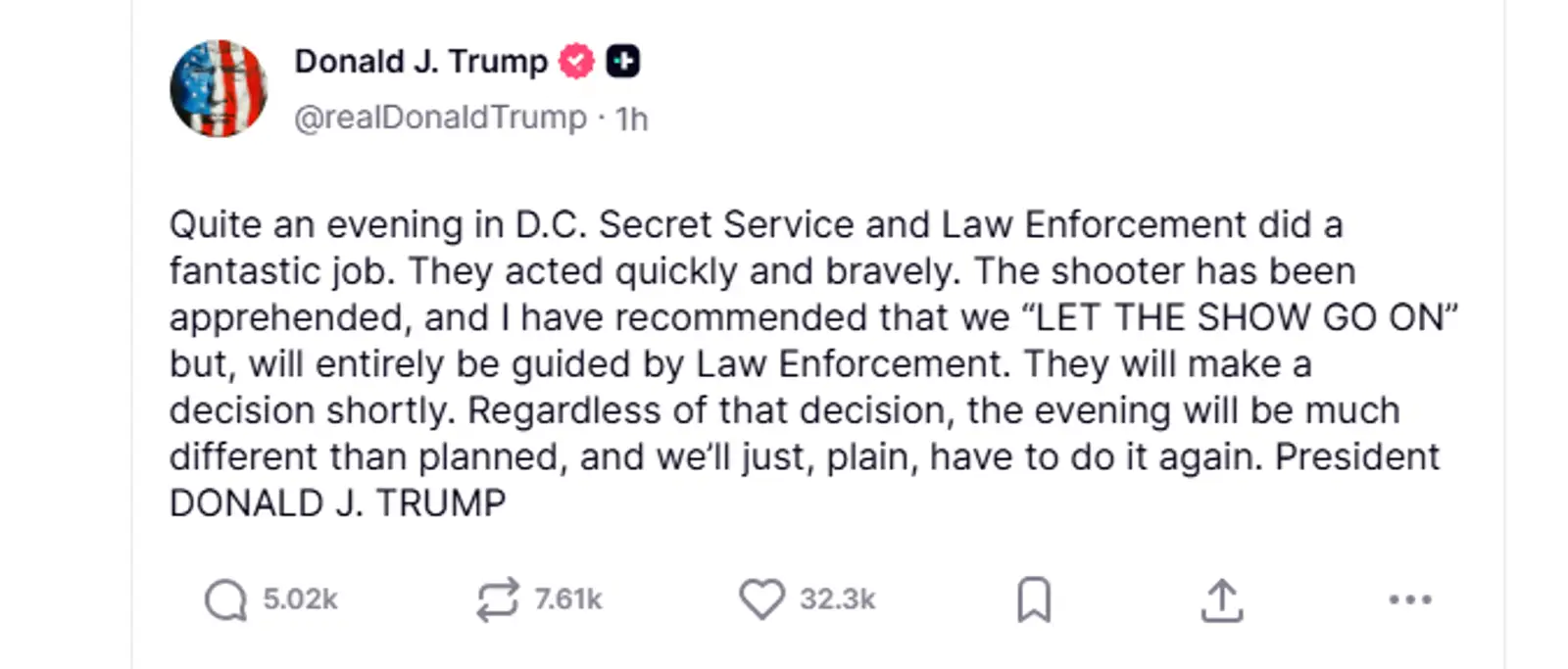 Færsla Bandaríkjaforseta um kvöldverð blaðamanna Hvíta hússins.