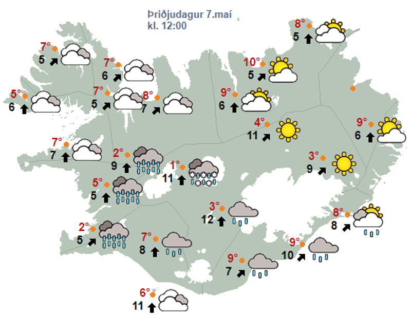 Veðrið á hádegi 7. maí.