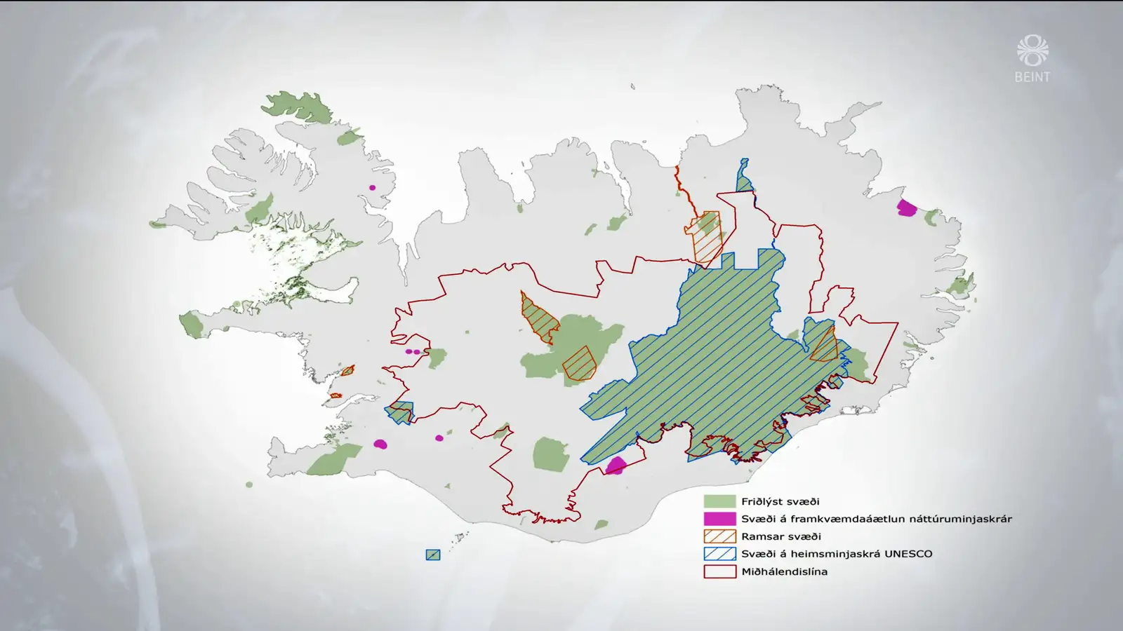 Kort sem sýnir mögulega staðsetningu vindorkuvera og hvar þau geta ekki verið staðsett.