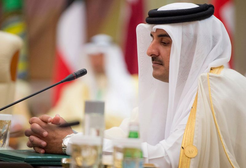 epa05979096 A handout photo made available by the Saudi Press Agency (SPA) shows the Emir of Qatar Sheikh Tamim Bin Hamad al-Thani attending the opening session of the Gulf Cooperation Council summit (GCC), in Riyadh, Saudi Arabia, 21 May 2017. The GCC is