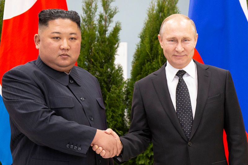 epa07526661 Russian President Vladimir Putin (R) and North Korea's leader Kim Jong Un pose for a picture during their meeting in Vladivostok, Russia, 25 April 2019. Putin and Kim are set to have one-on-one meeting at the Far Eastern State University on the Russky Island across a bridge from Vladivostok. The meeting will be followed by broader talks involving officials from both sides.  EPA-EFE/ALEXANDER ZEMLIANICHENKO / POOL