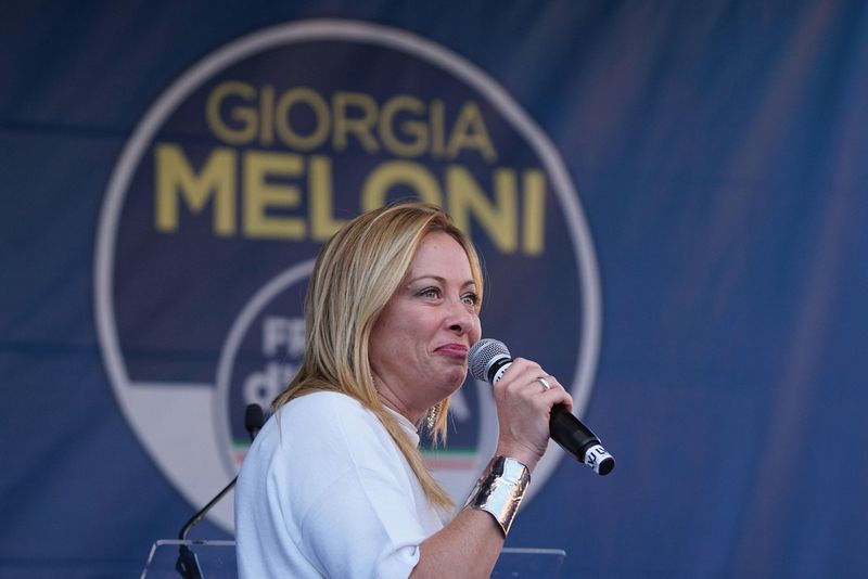 epa10176105 Brothers of Italy (Fratelli d'Italia) leader Giorgia Meloni attends an election campaign rally, in Mestre, Italy, 10 September 2022. Italy will hold an early election on 25 September following the resignation of the Prime Minister.  EPA-EFE/ANDREA MEROLA