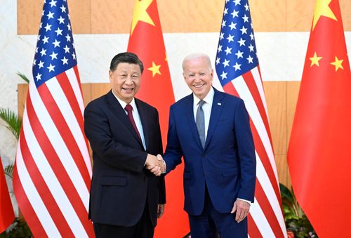 epa10305493 Chinese President Xi Jinping (L) greets his US counterpart Joe Biden before their meeting, one day ahead of the G20 Summit in Bali, Indonesia, 14 November 2022.  The 17th Group of Twenty (G20) Heads of State and Government Summit will be held in Bali from 15 to 16 November 2022.  EPA-EFE/XINHUA /LI XUEREN CHINA OUT / MANDATORY CREDIT  EDITORIAL USE ONLY