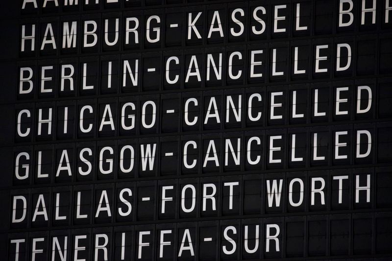 An information board showing canceled flights at the Frankfurt Airport, in Frankfurt am Main, Germany, 12 March 2024. The UFO cabin crew union has called on its members to strike, to press their demands for better wages. According to Lufthansa, 100,000 passengers should be affected by a two day strike in Frankfurt and Munich airport.