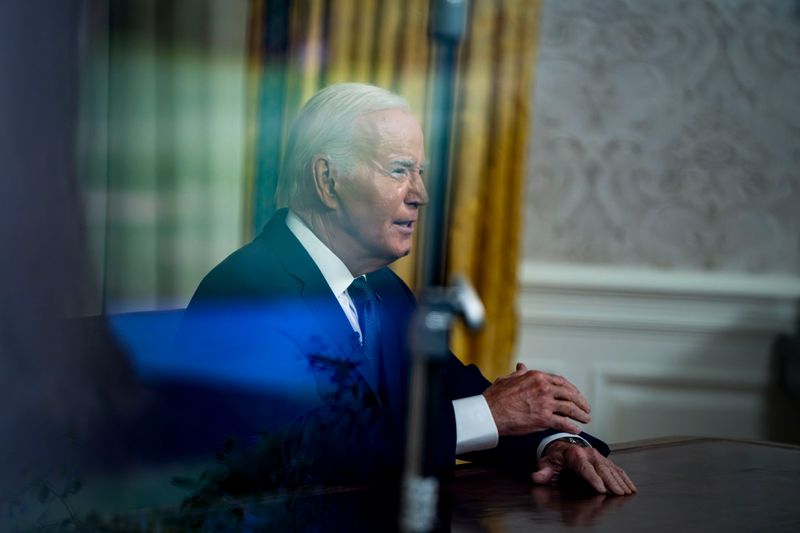 epa11479130 US President Joe Biden addresses the nation after former President Donald Trump was injured following a shooting at a July 13 election rally in Pennsylvania, in the Oval Office of the White House in Washington, DC, USA, 14 July 2024. Biden's address comes after Former US President Donald Trump was injured by a bullet in an assassination attempt on 13 July during a campaign rally. EPA-EFE/BONNIE CASH / POOL